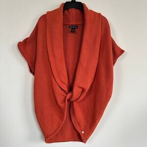 Pure & Co. Cocoon Knit Sweater Twist Knot Front V-Neck Shawl Collar S/M Orange